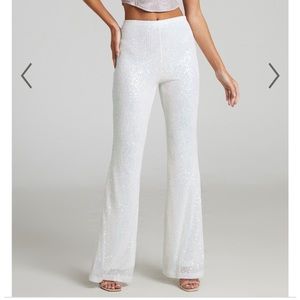 NWT Showpo DELIZA HIGH WAISTED SEQUIN FLARE PANTS IN IRIDESCENT WHITE
